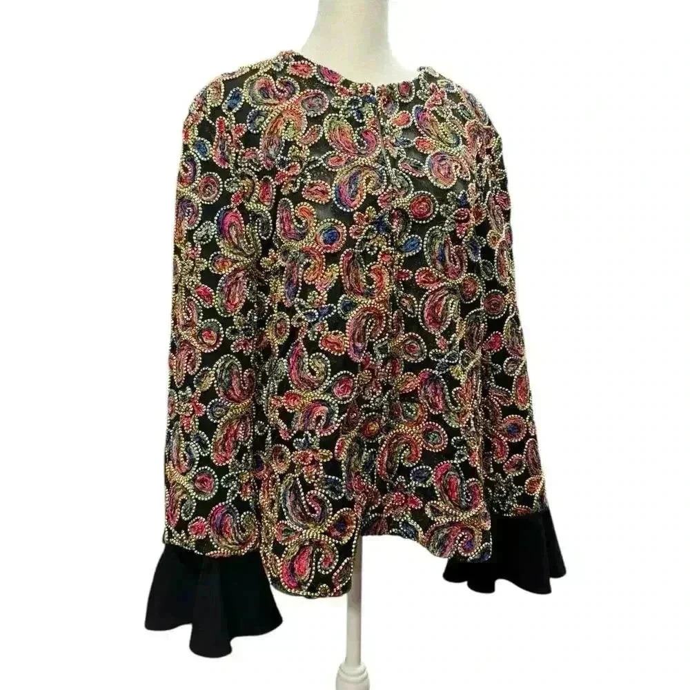 ADORE Gorgeous Raised Paisley Pattern Multi Color Jacket with Silk Wrists Sz XL